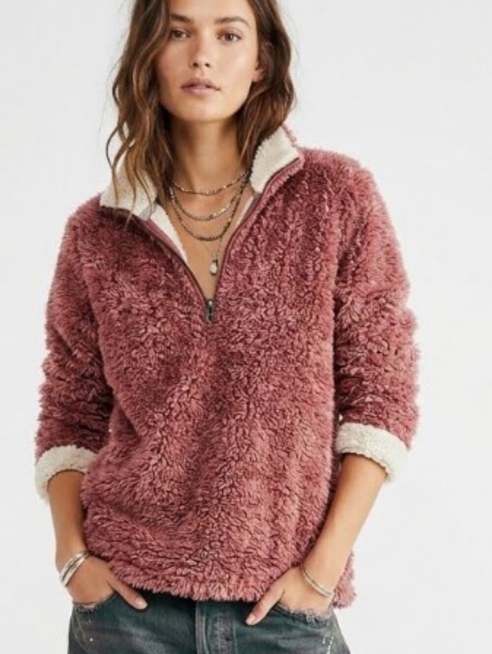 Burgundy Wine Fall Sherpa Sweater Sweatshirt Pullover Half zip Soft & Cozy